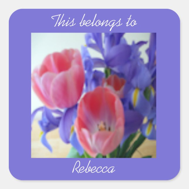 Adesivo Quadrado Tulipas Rosa E Íris Púrpura Personalizados (Frente)