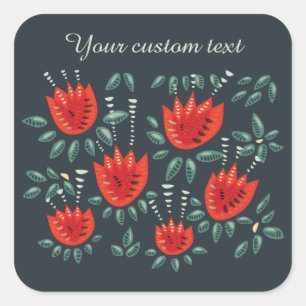 Adesivo Quadrado Tulipas Vermelhas Whimsical Arte Floral - Abstrato