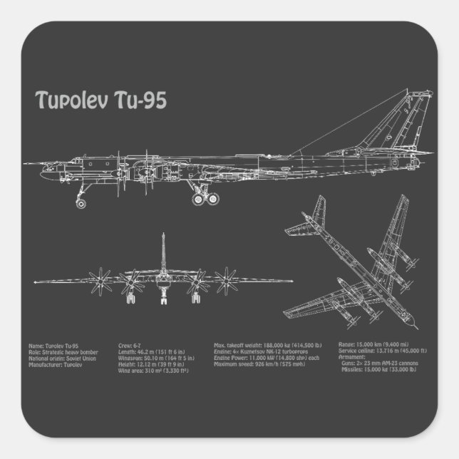 Adesivo Quadrado Tupolev Tu-95 - PD Planos de Aeronaves Blueprint (Frente)