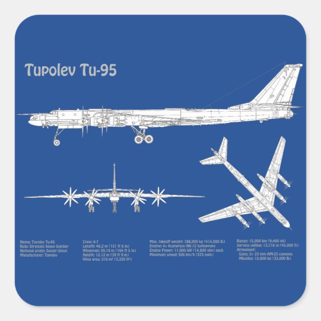 Adesivo Quadrado Tupolev Tu-95 - Planos de Impressão Blueprint do A (Frente)