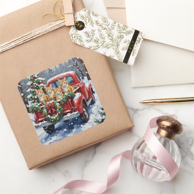 Adesivo Quadrado Turkish Angora Cat Christmas Red Truck Holiday (Presentear)