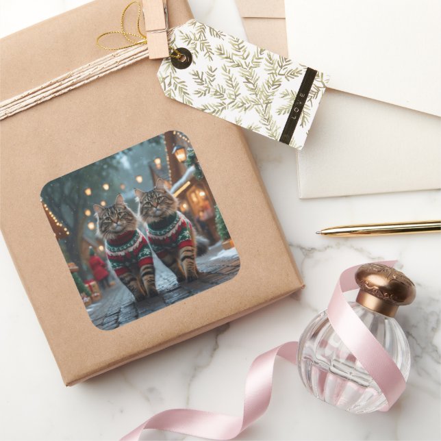 Adesivo Quadrado Turkish Angora Cats Christmas Snow Holiday (Presentear)