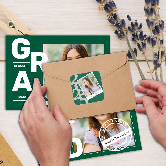 Adesivo Quadrado Turma Elegante de 2025 Foto Formatura Verde (Elegant Class of 2025 Photo Green Graduation Square Sticker)