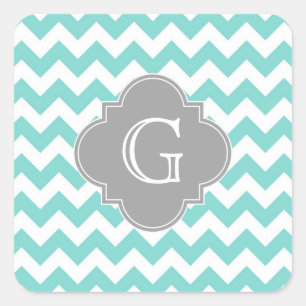 Adesivo Quadrado Turq/monograma cinzento branco Chevron Quatrefoil