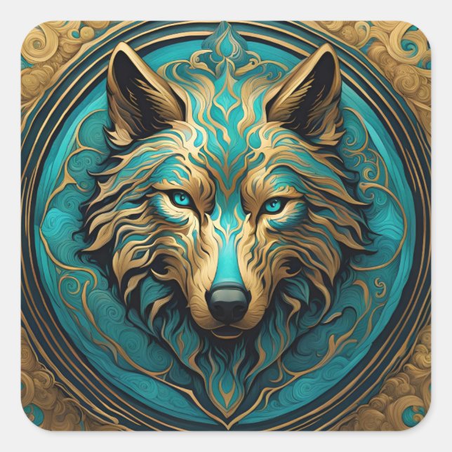 Adesivo Quadrado Turquesa e Lobo Dourado (Frente)