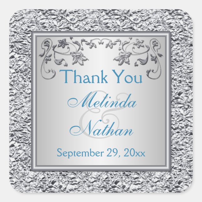 Adesivo Quadrado Turquesa e Silver Floral Weding Favor Sticker (Frente)