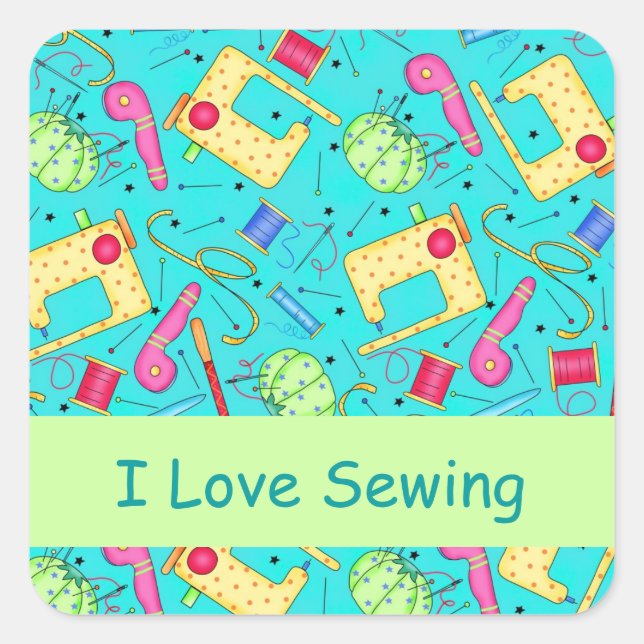 Adesivo Quadrado Turquesa Eu Adoro Sewing Stickers (Frente)