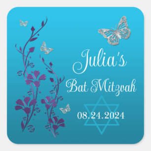 Adesivo Quadrado Turquesa, Floral Roxo, Borboletas Bat Mitzvah