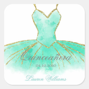 Adesivo Quadrado Turquesa Glitter Gown Quinceanera Sticker