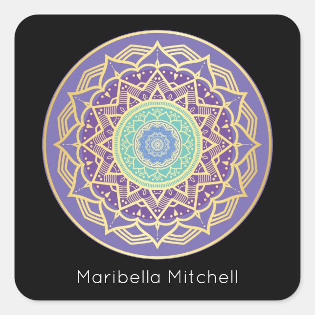 Adesivo Quadrado Turquesa Indigo e Purple Dourada Mandala Square S (Frente)