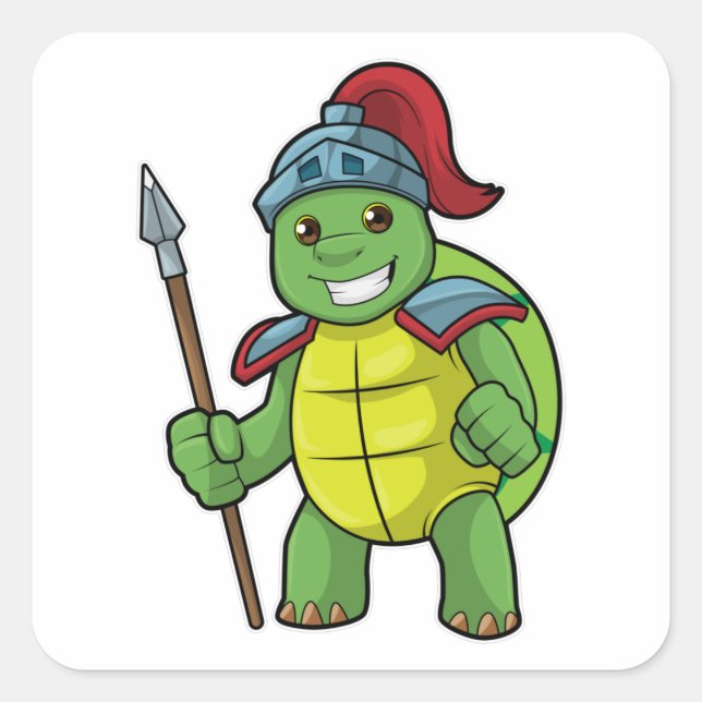 Adesivo Quadrado Turtle como guerreiro com Spear e Helmet (Frente)