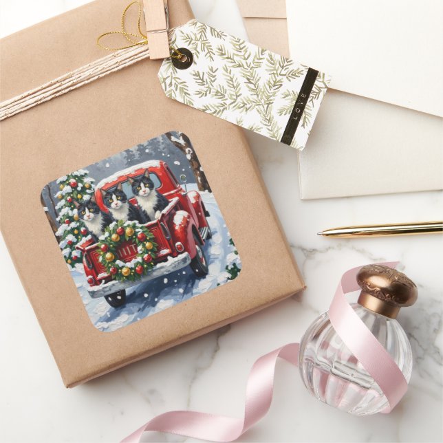 Adesivo Quadrado Tuxedo Cat Christmas Red Truck Holiday (Presentear)