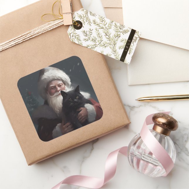 Adesivo Quadrado Tuxedo Cat Com Papai Noel Natal Festivo (Presentear)