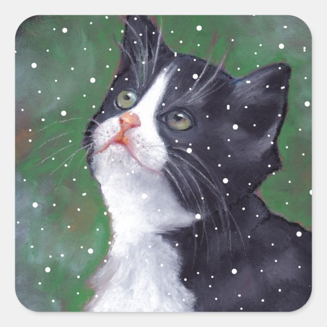 Adesivo Quadrado Tuxedo Cat Olhando Para Blocos De Neve, Pintura (Frente)