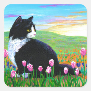 Adesivo Quadrado Tuxedo Cat Tulips Criationarts