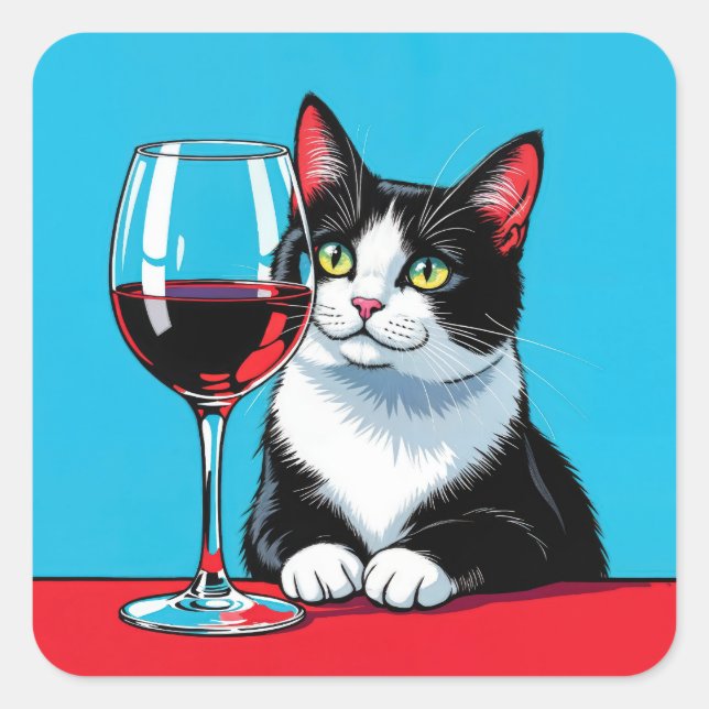 Adesivo Quadrado Tuxedo Cat With Red Wine (Frente)