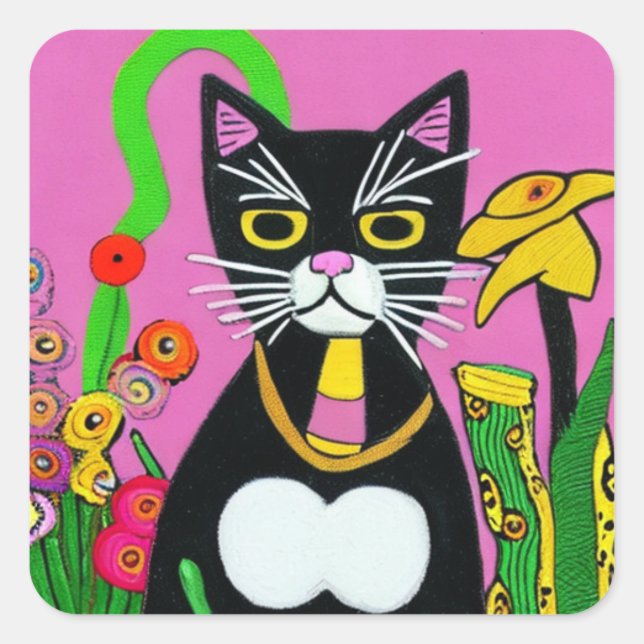 Adesivo Quadrado Tuxedo Gato Whimsical com Arte Folclórica Flor (Frente)
