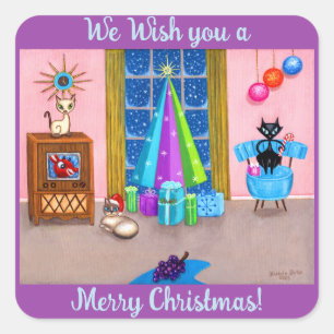 Adesivo Quadrado TV de gatos da Era Atômica Moderna do Natal do séc