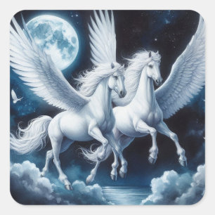 Adesivo Quadrado Twin Pegasus voando com a Lua atrás deles