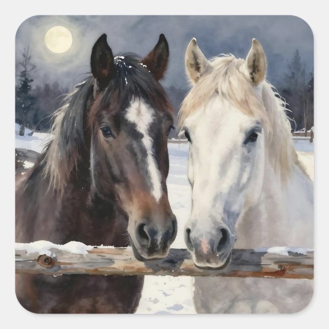 Adesivo Quadrado Two Horses on a Snowy Farm under the Moonlight  (Frente)