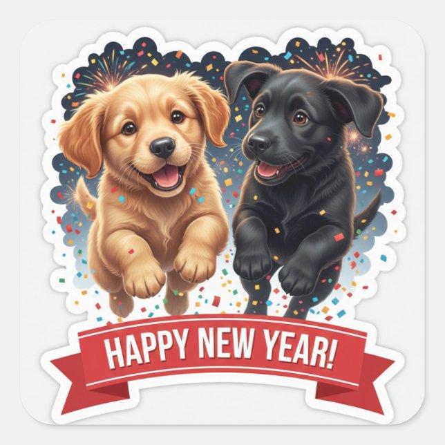 Adesivo Quadrado Two Puppies Chasing Confetti Sticker (Frente)