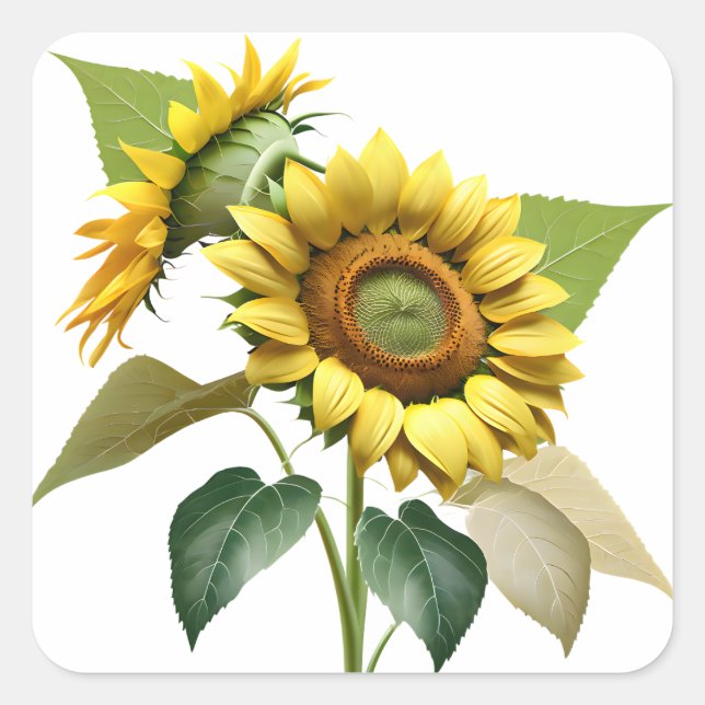 Adesivo Quadrado Two Vibrant Sunflowers with Lush Green Leaves (Frente)