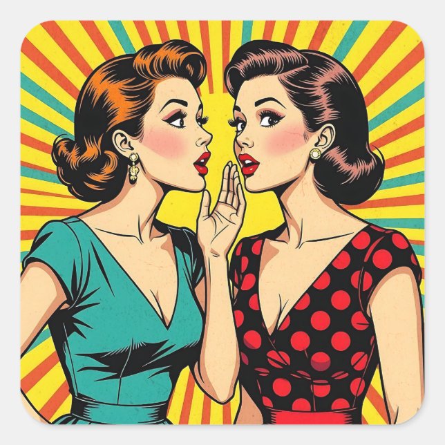 Adesivo Quadrado Two Woman Gossiping Telling Secrets Pop Art (Frente)