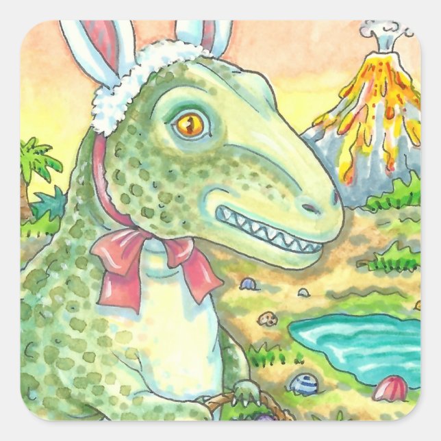 ADESIVO QUADRADO TYRANNOSAURUS, CUTE T-REX, LESTE BUNNY DINO (Frente)
