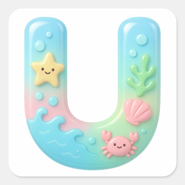 Adesivo Quadrado "U" Cute Letter - Underwater Sea Creature  (Frente)