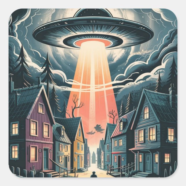 Adesivo Quadrado UFO Abduction Night Street Illustration (Frente)