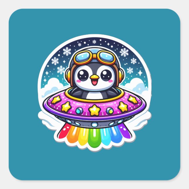 Adesivo Quadrado UFO Rainbow Penguin (Frente)