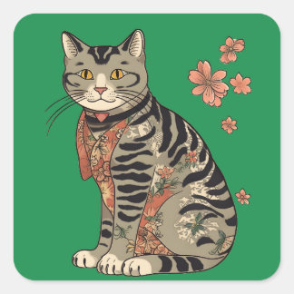 Adesivo Quadrado Ukiyo-e Cat e flores Padrão Vol.2