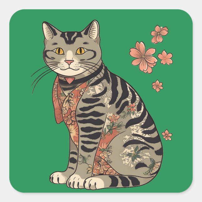 Adesivo Quadrado Ukiyo-e Cat e flores Padrão Vol.2 (Frente)