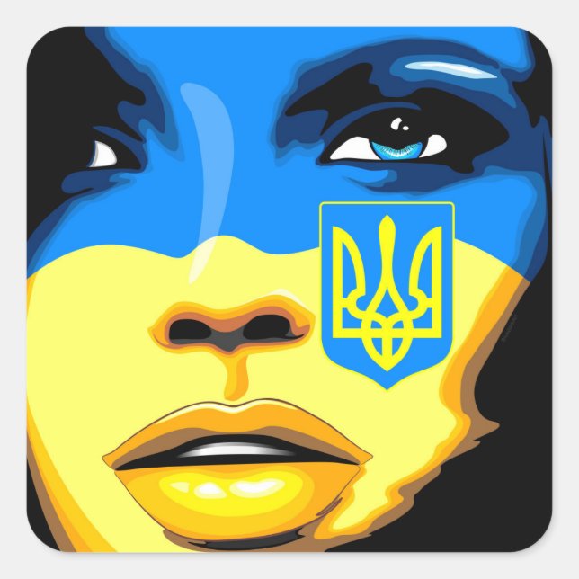 Adesivo Quadrado Ukraine Flag painted on Beautiful Girl Portrait  (Frente)