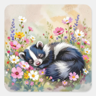 Adesivo Quadrado Um adorável gambá dormindo entre flores
