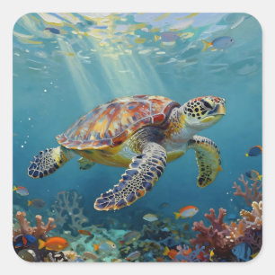 Adesivo Quadrado Um Azul Turquesa Temático de Tartaruga Marinha