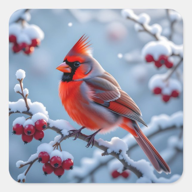 Adesivo Quadrado Um belo cardeal em um galho de Natal nevado (Frente)