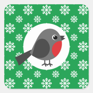 Adesivo Quadrado Um belo desenho animado Robin com flocos de neve