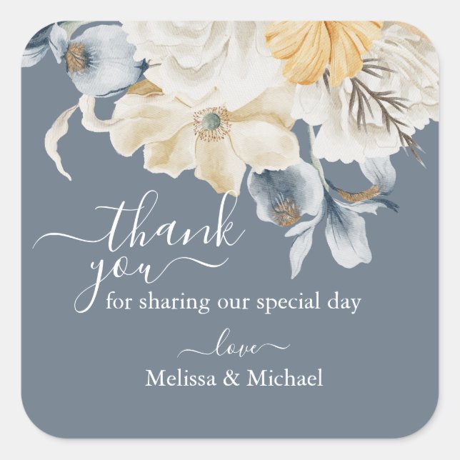 Adesivo Quadrado Um Casamento AZUL Obrigado na Praça Azul (Frente)