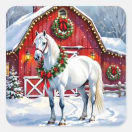 Adesivo Quadrado Um Cavalo Branco Festivo e Natal de Celeiro de Inv