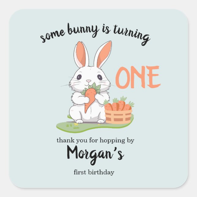Adesivo Quadrado Um Coelhinho É Um primeiro aniversario De Meninas (Frente)