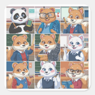 Adesivo Quadrado Um conjunto de 9 de volta para a escola de animal 