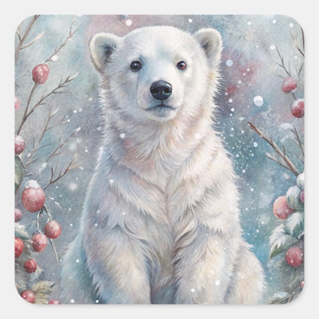 Adesivo Quadrado Um Cubo de Urso Polar no inverno (Frente)