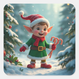 Adesivo Quadrado Um elfo fofo com canas doces