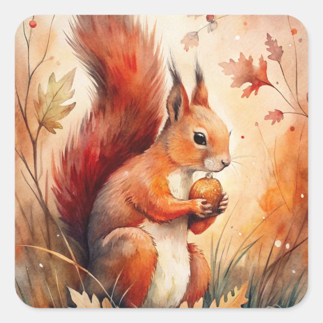 Adesivo Quadrado Um Esquilo Vermelho comendo noz (Frente)