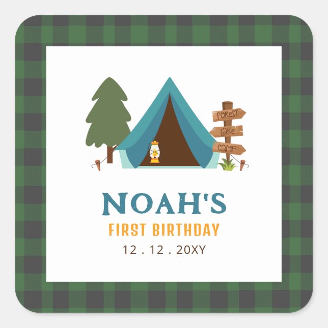 Adesivo Quadrado Um Feliz Camper Boys Primeiro Aniversário (Frente)