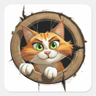 Adesivo Quadrado Um Gato de Cartoon com Olhos Verdes Brilhantes