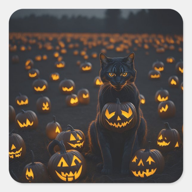 Adesivo Quadrado Um gato de Halloween com abóbora brilhante (Frente)