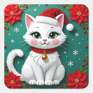 Adesivo Quadrado Um Gato Festivo Branco com um Fundo de Natal