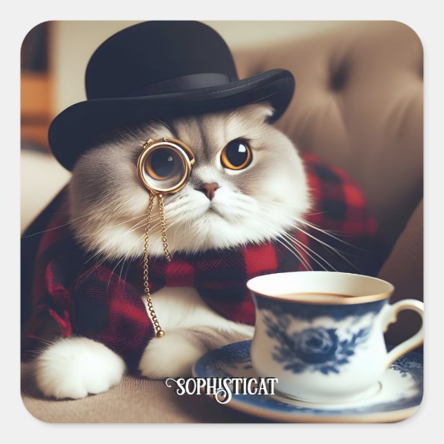 Adesivo Quadrado Um Gato Vestindo um Monóculo (Frente)